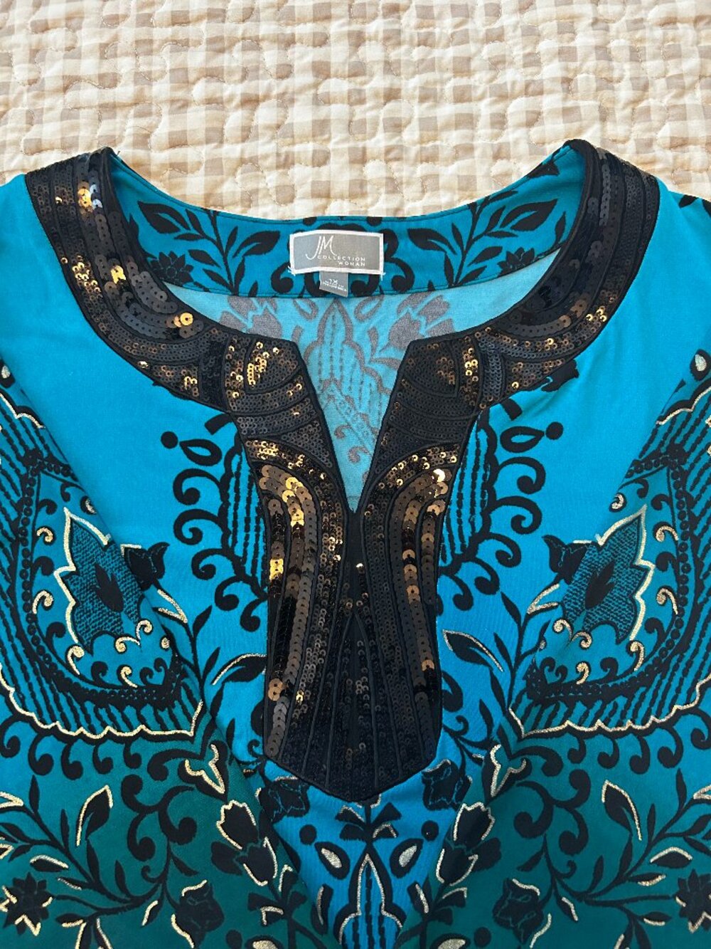 Max Edition Collection Sequin Paisley Top – Blue/Teal – Size 1X